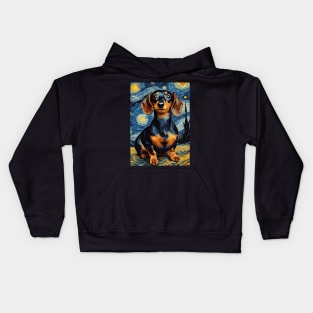 Dog Breed Dachshund in a Van Gogh Starry Night Art Style Kids Hoodie